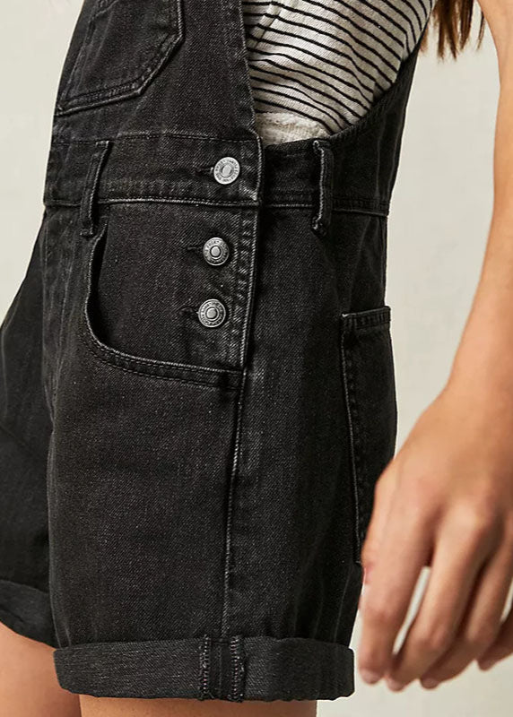 Black Denim Short Overalls Crow