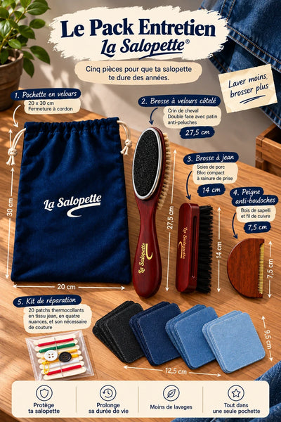 La Salopette care kit, the five pieces with their dimensions