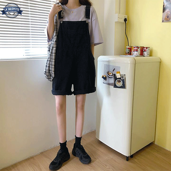 Short Overalls Woman in Fishnet Jeans