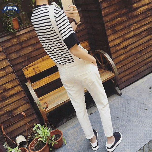 Denim Overalls Beige Torn Katze