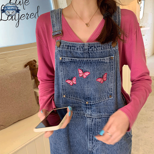 Denim Overalls Butterfly Embroidery