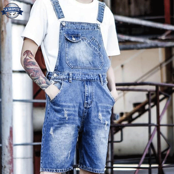 Short Overalls Men's Washed Blue Denim