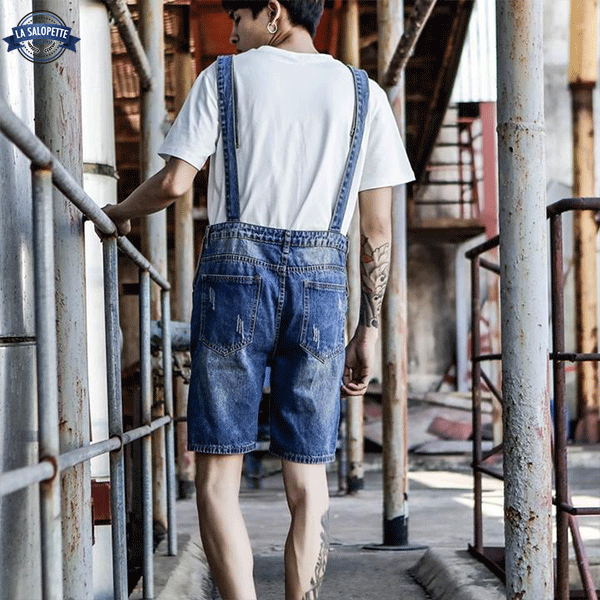 Short Overalls Men's Washed Blue Denim