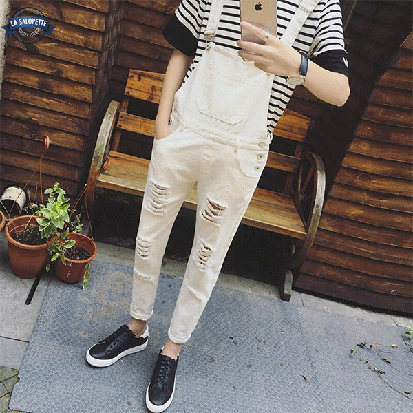 Denim Overalls Beige Torn Katze